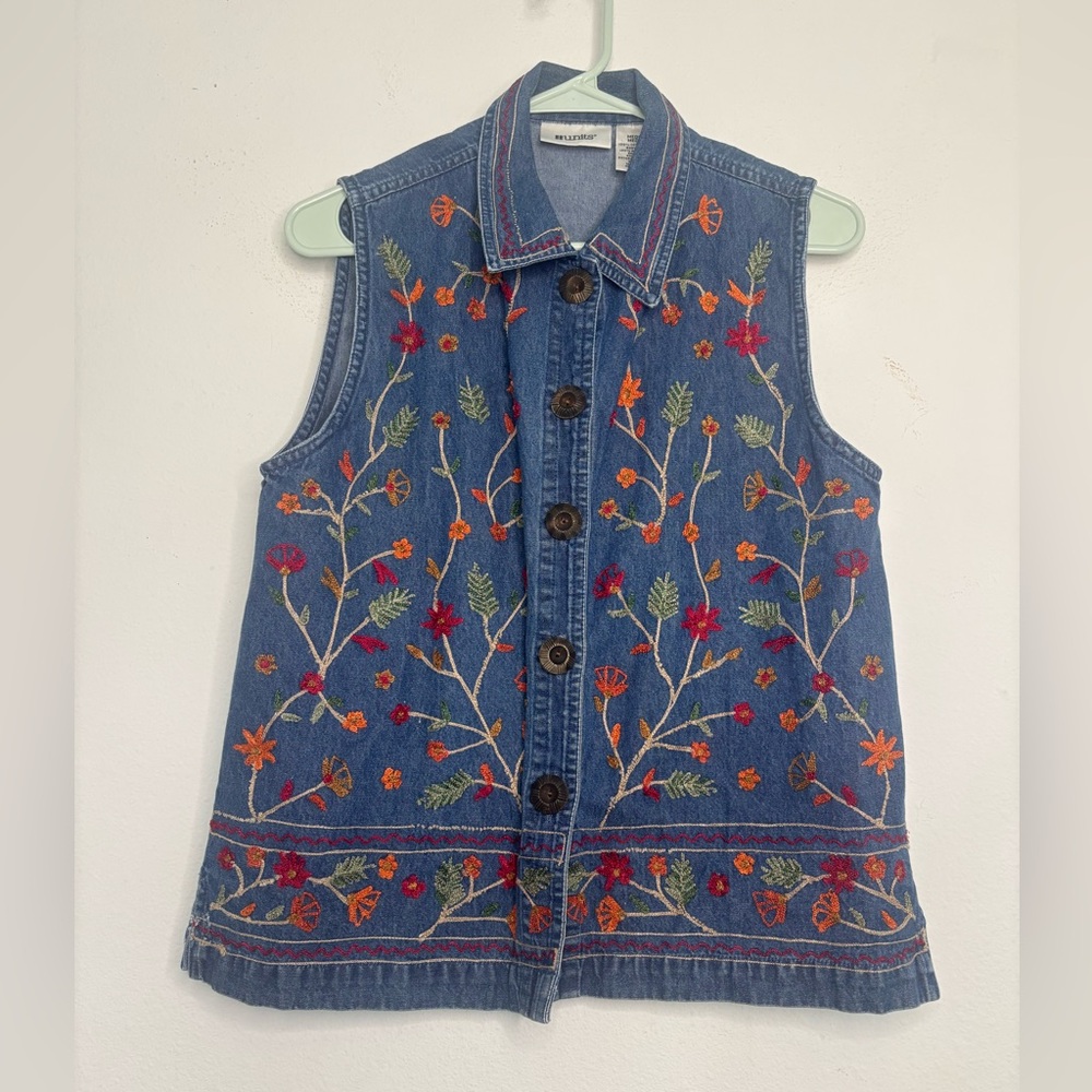 UNITS VINTAGE DENIM EMBROIDERED FALL ARTSY BUTTON UP COLLARED VEST SZ MEDIUM